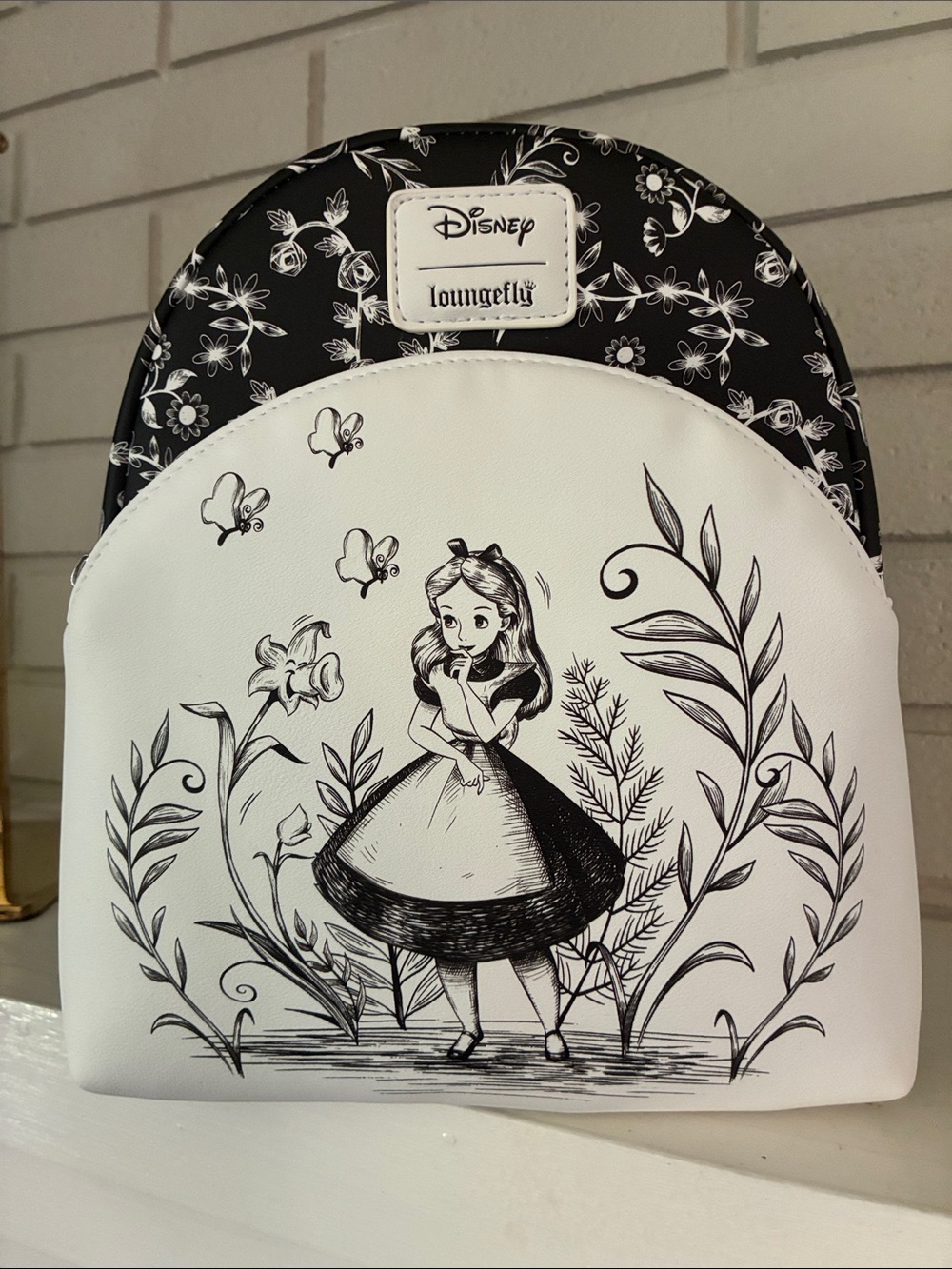Loungefly Black & White Alice in Wonderland Floral Mini Backpack